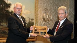 Randy Vaughn Superior Bulk Logistics and incoming Safety amp Security Council chairman presented a plaque to Ray Riley Miller Transporters Inc in appreciation of his service as NTTC Safety amp Security Council chairman for the past year Randy Vaughn Superior Bulk Logistics and incoming Safety amp Security Council chairman presented a plaque to Ray Riley Miller Transporters Inc in appreciation of his service as NTTC Safety amp Security Council chairman for the past year