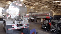 A mechanic works on the brakes on this tank trailer Good brake maintenance is critical to tank fleet safety A mechanic works on the brakes on this tank trailer Good brake maintenance is critical to tank fleet safety