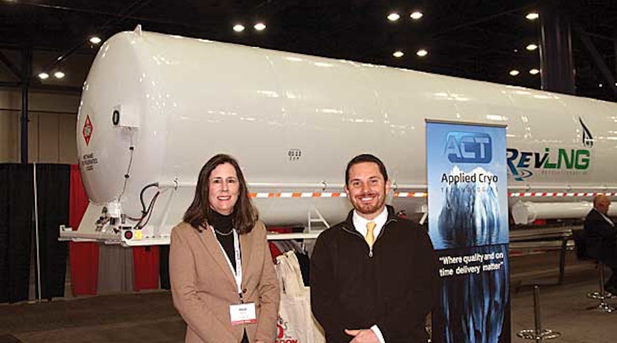 Heidi Bond, TransGas LNG, and Tim Lowrey, Applied Cryo Technologies (ACT), stand in front of ACT&rsquo;s newly introduced LNG cryogenic trailer that was on display at World LNG Fuels 2013 in Houston TX.