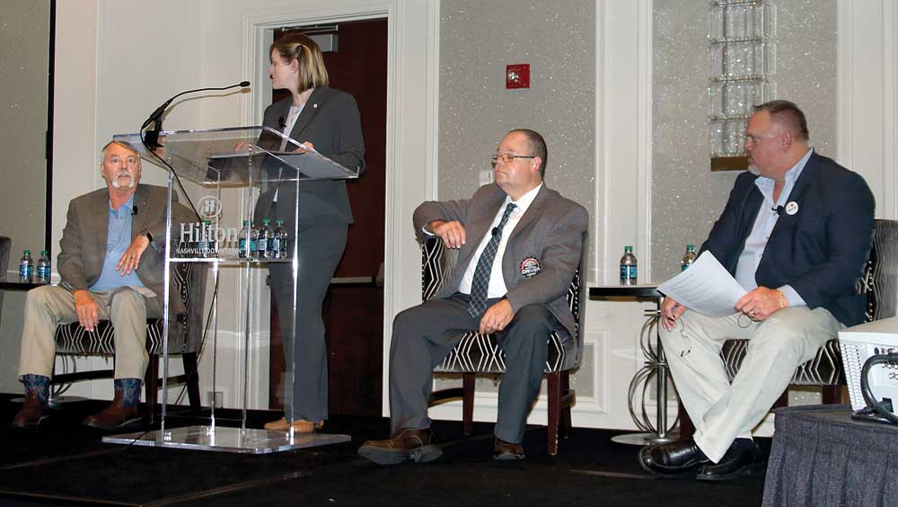 Distracted driving was the topic for a panel that included from left Mike Elmenhorst Groendyke Transport Inc Tracy Henke NTTC Todd Stine Carbon Express Inc and NTTC Professional Tank Truck Driver of the Year and Terry Kolacki GLS Transport Inc