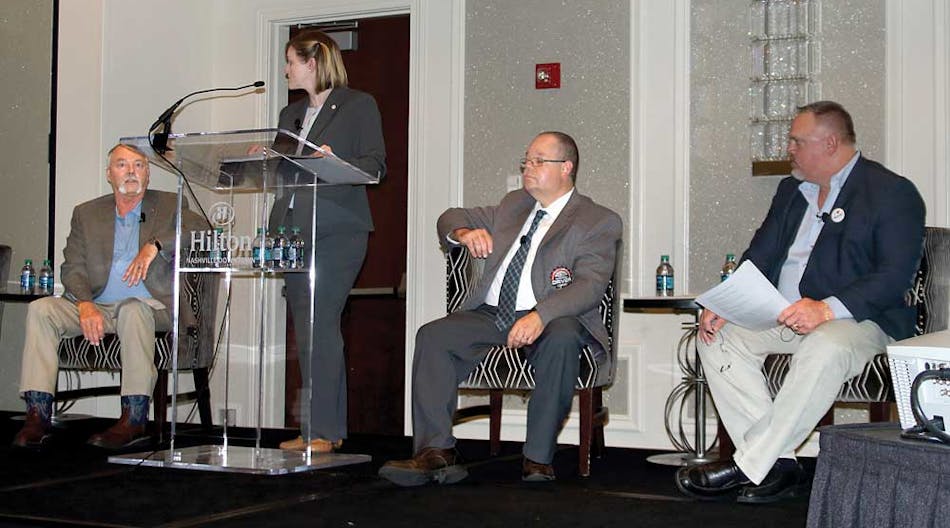 Distracted driving was the topic for a panel that included [from left] Mike Elmenhorst, Groendyke Transport Inc; Tracy Henke, NTTC; Todd Stine, Carbon Express Inc and NTTC Professional Tank Truck Driver of the Year; and Terry Kolacki, GLS Transport Inc.