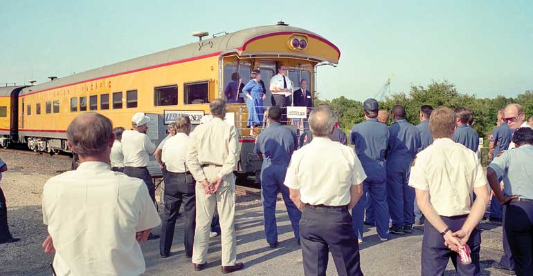 Beaumont TX Fire Chief Pete Shelton addressed emergency responders during an October 1993 TransCAER Whistlestop Tour