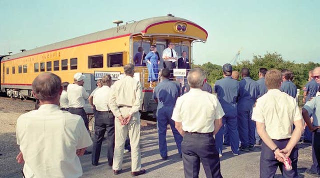 Beaumont TX Fire Chief Pete Shelton addressed emergency responders during an October 1993 TransCAER Whistlestop Tour.