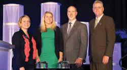 ILTArsquos far left President Melinda Whitney and Vice President of Government Affairs Peter Lidiak far right present the 2017 Platinum Award for a small company to Jackie Alf and Eric Thomas of Benchmark River and Rail Terminals