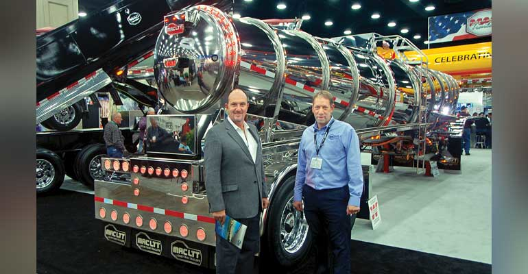 New fertilizer trailer Mike Conny and Jim Maiorana display the new 5600gallon stainless steel tank trailer manufactured by MAC Trailer Alliance OH The tank made of 12gauge stainless is built with a 30inch drop for improved material flow A 13gallon pump is standard The trailer rides on an Intraax suspension that with galvanized steel hangers wwwmactrailercom