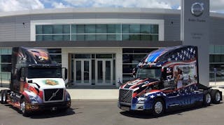 These custom-designed Volvo VNR 640 (left) and VNL 760 (right) tribute trucks led a motorcade from the plant to Washington DC during the annual Ride for Freedom, which honors the men and women who&apos;ve served &ndash; and continue to serve &ndash; to protect America.