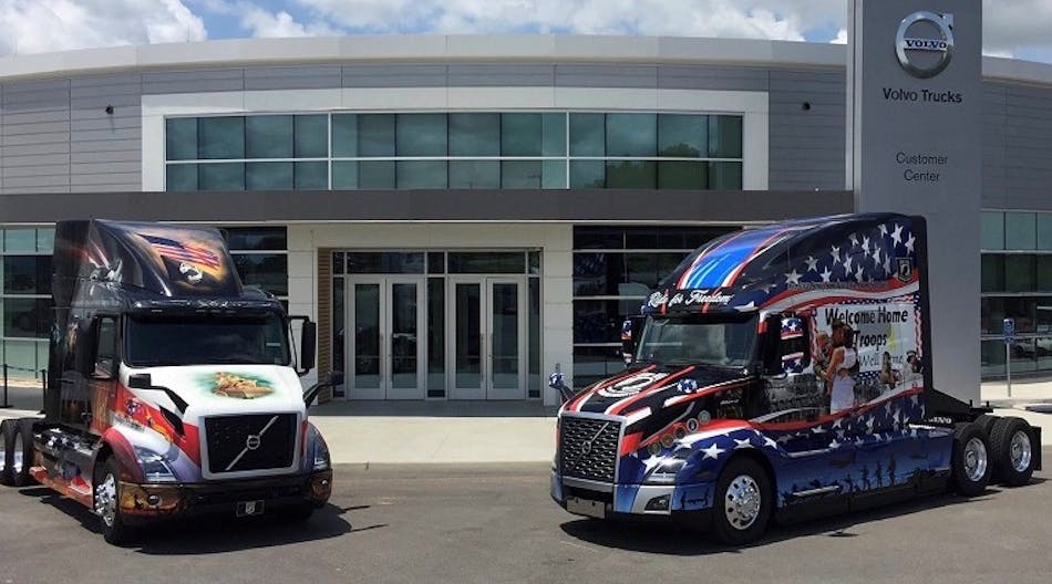 These custom-designed Volvo VNR 640 (left) and VNL 760 (right) tribute trucks led a motorcade from the plant to Washington DC during the annual Ride for Freedom, which honors the men and women who&apos;ve served &ndash; and continue to serve &ndash; to protect America.