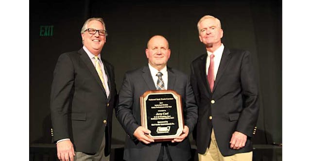 Jerry Curl, G&amp;D Trucking/Hoffman Transportation, was honored as Tank Truck Safety Professional of the Year for fleets under 15 million miles. With him were Dan Furth, NTTC president and Zack Coley, Heil Trailer International.