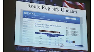 Paul Baumgardner showed where to find the latest hazardous materials route updates on the FMCSA website.
