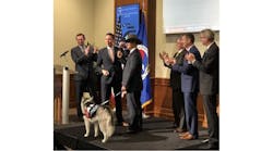 Werner&apos;s Quinton Ward expressed his thanks for being chosen as the top military veteran rookie driver during a presentation in Washington DC. At Ward&rsquo;s feet is Kiarri, his service dog.
