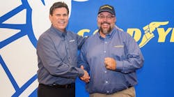 Gary Medalis, left, Goodyear&apos;s commercial tire marketing director, recently presented Paul Mathias with this year&apos;s Goodyear Highway Hero award.