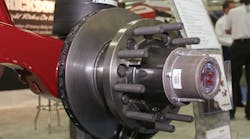 An air disc brake on a Hendrickson trailer axle with air suspension. An air disc brake on a Hendrickson trailer axle with air suspension.