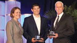 Byrne Evans [center], International-Matex Tank Terminals, and J J Griffin, South Coast Terminals, receive 2016 Safety Improvement Awards from ILTA President Melinda Whitney.