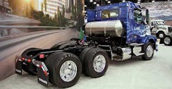 Volvo showed a new mounting arrangement for LNG fuel tanks that leaves more space on the frame rails Volvo showed a new mounting arrangement for LNG fuel tanks that leaves more space on the frame rails