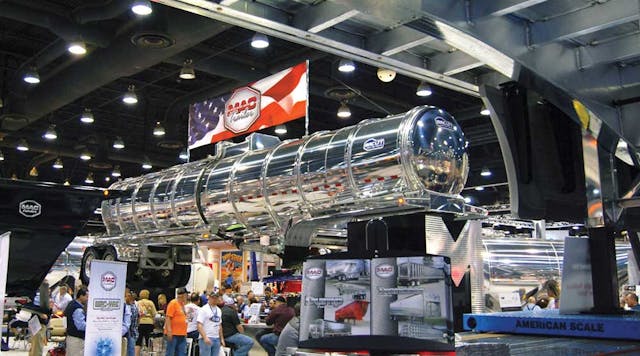 MAC Trailer&rsquo;s new entry in the oilfield business, the LTT crude oil tanker, is seen soaring above crowds at the Mid-America Trucking Show in Louisville.