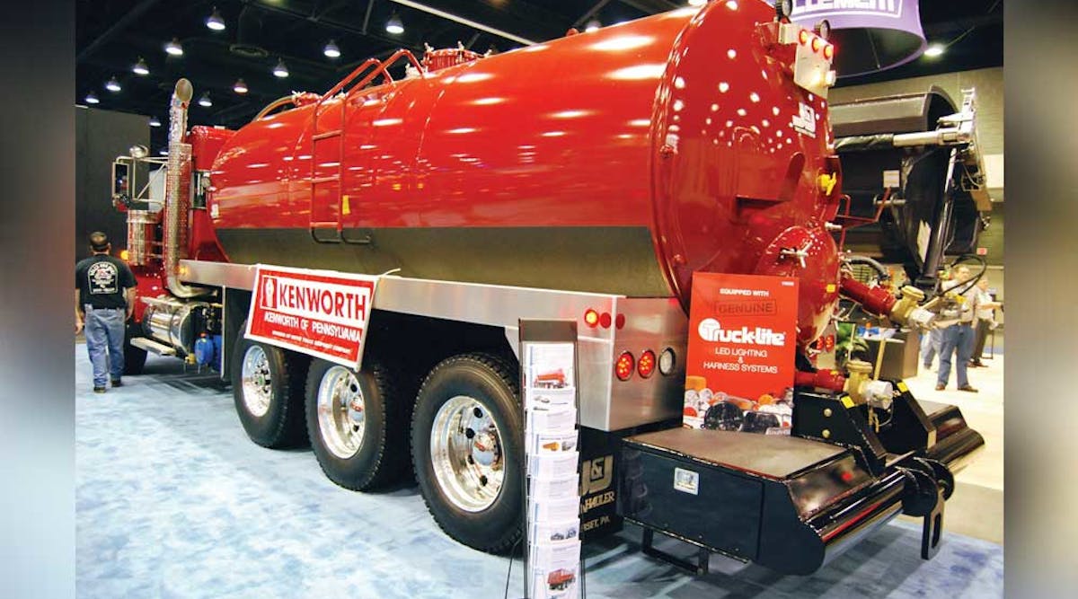 This Somerset vacuum tank is mounted on a Kenworth T800 and has a 110-barrel (4,620-gallon) capacity. Four axles including Watson lift axle allow 73,280-lb GVW.
