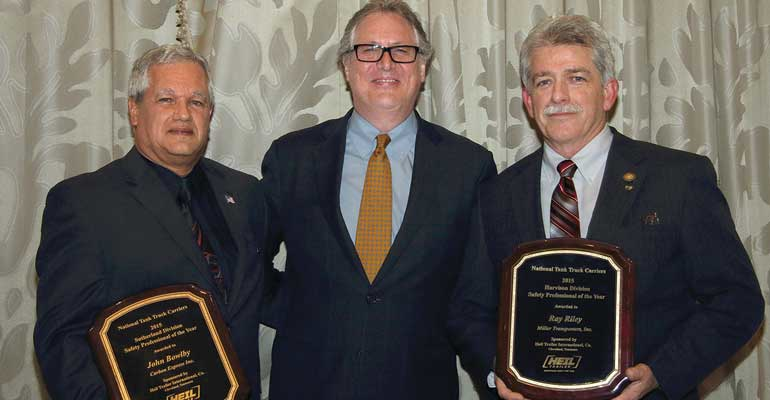 John Bowlby left Carbon Express Inc safety director was named Tank Truck Safety Professional of the Year for fleets under 15 million miles and Ray Riley Miller Transporters Inc safety director received a plaque honoring him as Tank Truck Safety Professional of the Year for fleets above 15 million miles With them was Dan Furth NTTC president