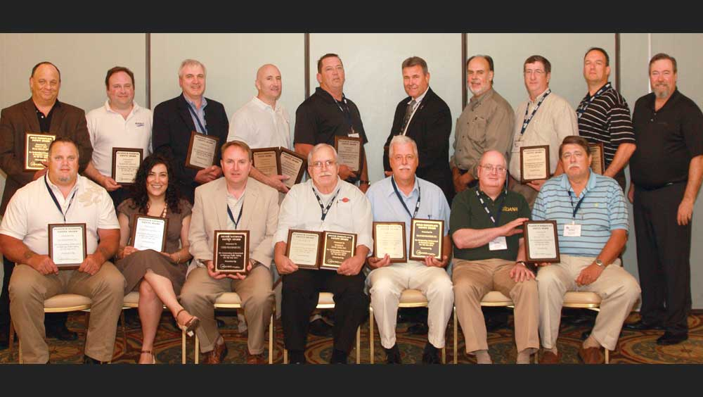 Winners of the 2011 Great West Casualty Co Fleet Safety Contest received awards at the annual NTTC Tank Truck Safety amp Security Council meeting in New Orleans LA In the front row from left Terry Kolacky GLS Transport Inc Nedal Awada KLimited Inc David Guess Usher Transport Inc Bobby Burns Horizon Tank Lines Inc Paul Baute Grammer Industries Inc and Gene Patten and Eddie Smith Dana Companies Back row Neil Voorhees Trimac Transportation Inc Jon Harper Barnett Transportation Inc Mark Kadlec AJ Weigand Inc W