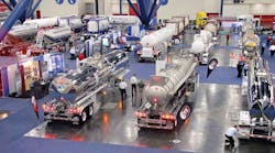 Just a few of the 80-plus tank trailers and tank containers are pictured in this overhead shot of the 250,000-sq-ft exhibit area at the 2014 Tank Truck Week event in Houston TX.