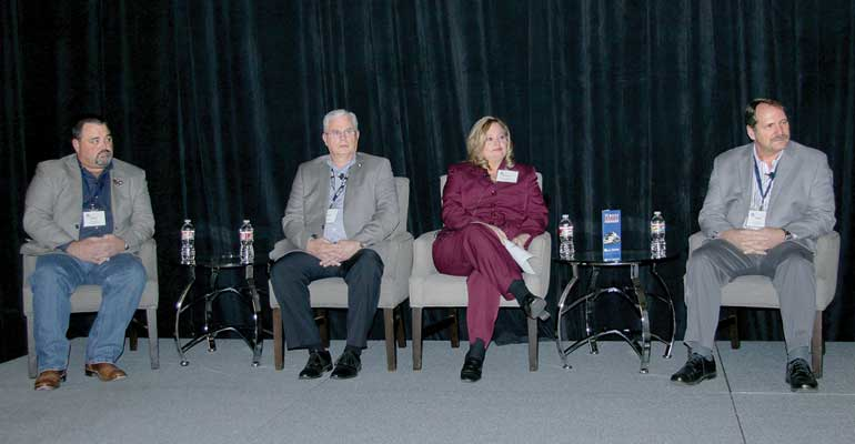 On hand to discuss pending federal regulations on electronic driver logs during a 2014 Tank Truck Week panel were from left Griff Odgers Andrews Logistics Inc Randy Vaughn Superior Bulk Logistics and Becky Perlaky Kenan Advantage Group Panel moderator was Thomas Bray JJ Keller amp Associates Inc