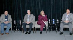 On hand to discuss pending federal regulations on electronic driver logs during a 2014 Tank Truck Week panel were [from left] Griff Odgers, Andrews Logistics Inc; Randy Vaughn, Superior Bulk Logistics; and Becky Perlaky, Kenan Advantage Group. Panel moderator was Thomas Bray, JJ Keller &amp; Associates Inc.