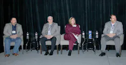 On hand to discuss pending federal regulations on electronic driver logs during a 2014 Tank Truck Week panel were from left Griff Odgers Andrews Logistics Inc Randy Vaughn Superior Bulk Logistics and Becky Perlaky Kenan Advantage Group Panel moderator was Thomas Bray JJ Keller amp Associates Inc