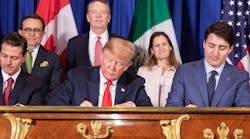 From left to right, Mexico&apos;s President Enrique Pe&ntilde;a Nieto, US President Donald Trump and Canadian Prime Minister Justin Trudeau sign the US-Mexico-Canada Agreement (USMCA).