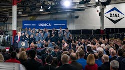 President Donald Trump toured the Dana Incorporated facility in Warren, Michigan soon after signing the USMCA agreement. President Donald Trump toured the Dana Incorporated facility in Warren, Michigan soon after signing the USMCA agreement.