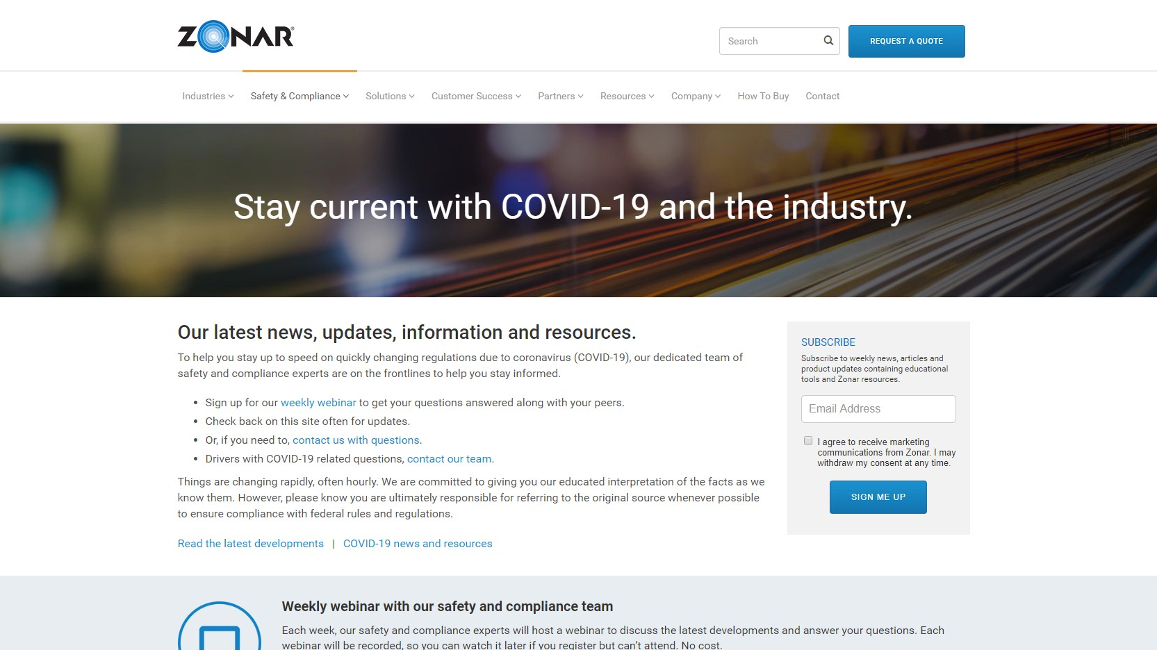 Zonar COVID 19 resource page