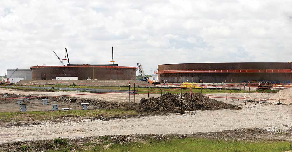 New crude oil storage tanks under construction at a pipeline terminal facility south of Houston TX.