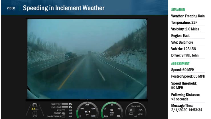 This situation shows what fleets using SmartDrive SmartSense see if a truck is traveling too fast for weather conditions.