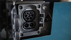 Charging port showing CCS2 on Volvo VNR Electric. Charging port showing CCS2 on Volvo VNR Electric.