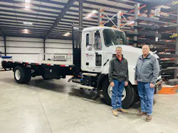 Logan Teinert, fleet manager of Teinert Metals (left), and Randy Teinert, owner (right), with one of two Mack MD6 recently added to their fleet of 18 trucks. Logan Teinert, fleet manager of Teinert Metals (left), and Randy Teinert, owner (right), with one of two Mack MD6 recently added to their fleet of 18 trucks.