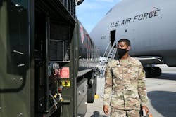 Airman First Class Deshawn Carino, 78th Logistics Readiness Squadron Fuels Management Flight Distribution Element distribution operator, monitors the R-11 truck's instruments during defuel operations of a C-5 Galaxy at Robins Air Force Base. Once the trucks capacity reaches 5,000 gallons, an additional person is needed on top of the truck to ensure fuel does not over fill the tank. Airman First Class Deshawn Carino, 78th Logistics Readiness Squadron Fuels Management Flight Distribution Element distribution operator, monitors the R-11 truck's instruments during defuel operations of a C-5 Galaxy at Robins Air Force Base. Once the trucks capacity reaches 5,000 gallons, an additional person is needed on top of the truck to ensure fuel does not over fill the tank.