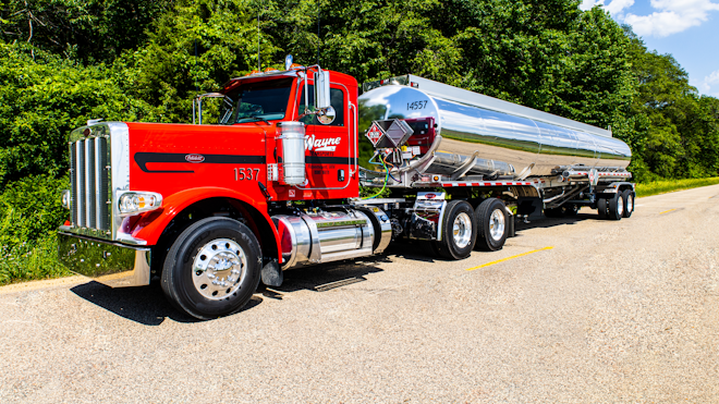 Wayne Transports' equipment consists of Peterbilt tractors and LBT petroleum trailers.