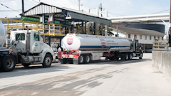 Colonial Fuel & Lubricant Services tank trucks load ship fuel for a vessel in Jacksonville, Fla. CFLS supplies gasoline and diesel, in addition to diesel exhaust fluid and lubricants.