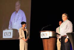ILTA president Kathryn Clay, at left, listens as terminal managers T.J. Buffaloe, at right, and Jody Kelley accept the 2021 Platinum Safety Award in the small-company division on behalf of LBC Tank Terminals. ILTA president Kathryn Clay, at left, listens as terminal managers T.J. Buffaloe, at right, and Jody Kelley accept the 2021 Platinum Safety Award in the small-company division on behalf of LBC Tank Terminals.