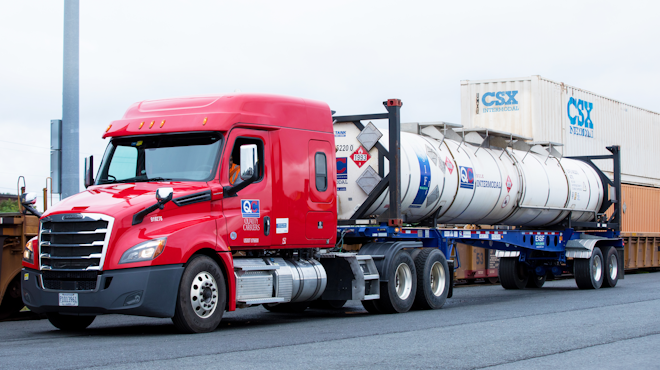 CSX and Quality Carriers formed a new intermodal union when CSX purchased Quality in July. Now Quality is designing a new 20-foot, 6,000-gallon ISO tank that will replace the 40-foot container shown here, and allow it to move twice as much product on the same CSX well cars.