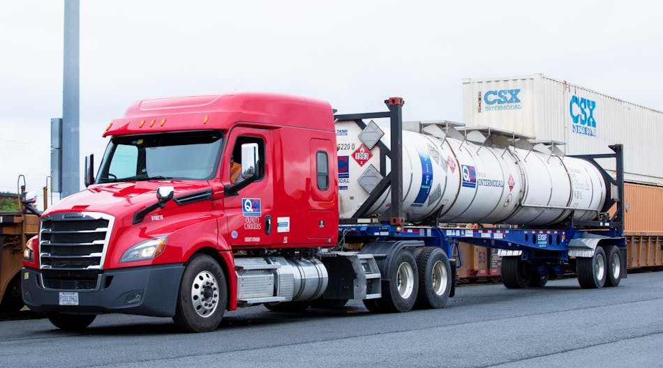 CSX and Quality Carriers formed a new intermodal union when CSX purchased Quality in July. Now Quality is designing a new 20-foot, 6,000-gallon ISO tank that will replace the 40-foot container shown here, and allow it to move twice as much product on the same CSX well cars.