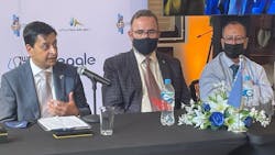 From left to right are Sean Lalani, president of Eagle LNG; Glenbert Croes, Aruba Minister of Labour, Energy, and Integration; and Serapio &ldquo;Laty&rdquo; Wever, WEB Aruba CEO.
