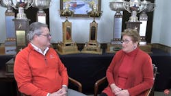 Groendyke president and CEO Greg Hodgen, at left, discusses his company's acquisition of Georgia Tank Lines with GTL owner Deborah Latham. Groendyke president and CEO Greg Hodgen, at left, discusses his company's acquisition of Georgia Tank Lines with GTL owner Deborah Latham.