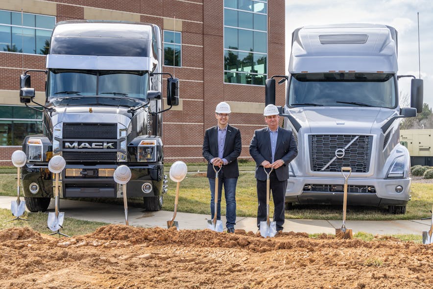Volvo Group North America chairman and Mack Trucks president Martin Weissburg, at right, and Volvo Financial Services president Marcio Pedroso recently revealed a $41 million investment in North Carolina&rsquo;s Piedmont Triad to purchase and expand the building housing its U.S. Uptime Center.