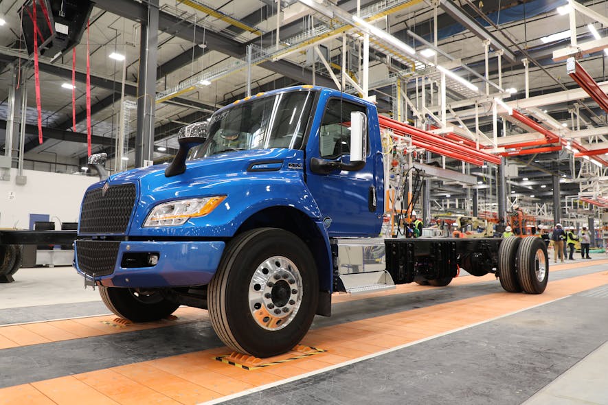 The first vehicle off Navistar&apos;s manufacturing line in San Antonio was the International eMV Series electric truck.