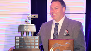 Highway Transport driver Thomas Frain poses with the William A. Usher Sr. Trophy after being named NTTC's 2021-22 Professional Tank Truck Driver of the Year on Monday, April 25, at the 2022 Annual Conference in San Diego, Calif.