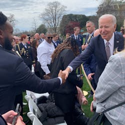 Florida Rock & Tank Lines driver Joseph Britt Jr., an Army veteran based in Macon, Ga., shakes hands with President Joe Biden. Florida Rock & Tank Lines driver Joseph Britt Jr., an Army veteran based in Macon, Ga., shakes hands with President Joe Biden.