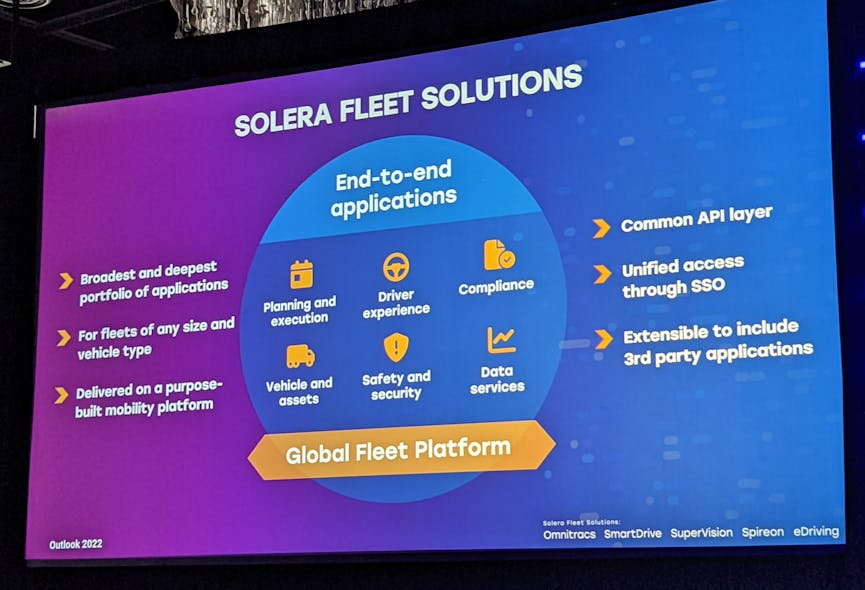 Solera&apos;s fleet solutions include Omnitracs, Spireon, SmartDrive, eDriving, and SuperVision.