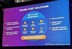 Solera's fleet solutions include Omnitracs, Spireon, SmartDrive, eDriving, and SuperVision. Solera's fleet solutions include Omnitracs, Spireon, SmartDrive, eDriving, and SuperVision.