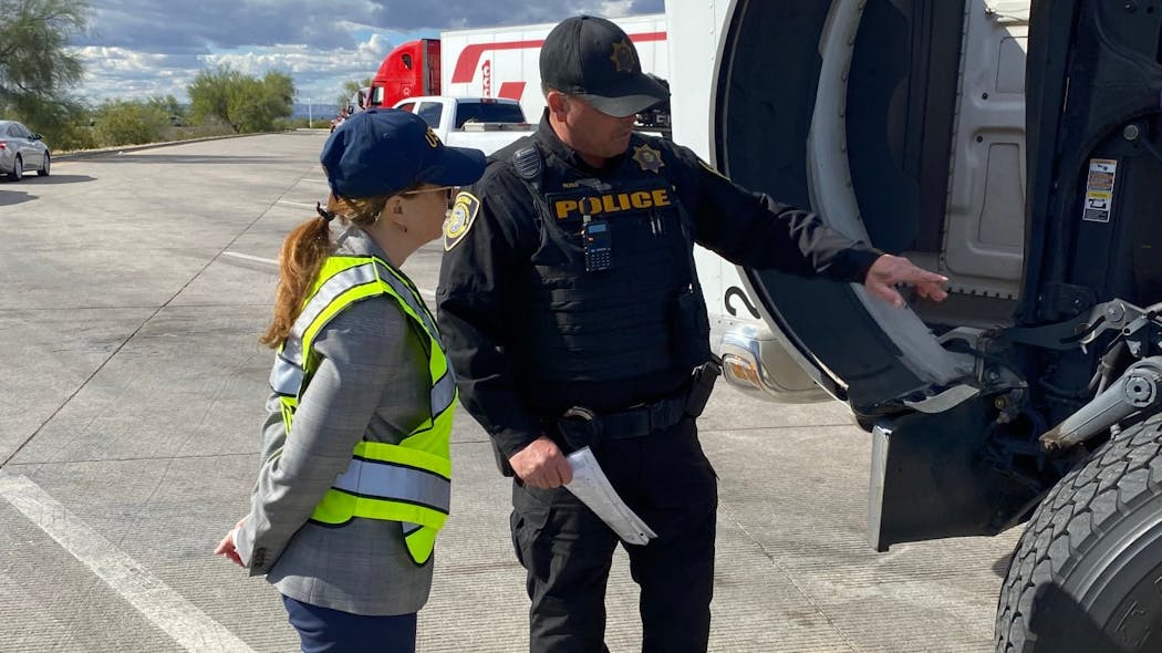 Acting FMCSA Administrator Robin Hutcheson attends a roadside inspection.