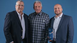 Chalk Mountain Services recently received a safety award from Samsara. From left to right are David Bowe, president of Chalk Mountain, four-time Super Bowl champion Joe Montana, and David Serach, director of safety at Chalk Mountain.