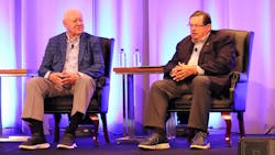 Lee Shaffer, longtime board chairman for Kenan Advantage Group, at left, and Groendyke Transport chairman and CEO John Groendyke discussed the state of the tank truck industry during a Legends Panel at the 2021 NTTC Annual Conference in Indianapolis, Ind.